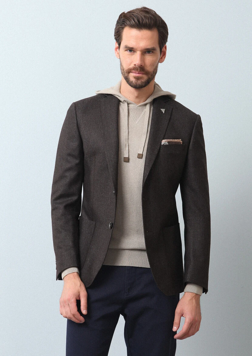 Açık Kahve Düz Zeroweight Slim Fit Yün Karışımlı Ceket - 4