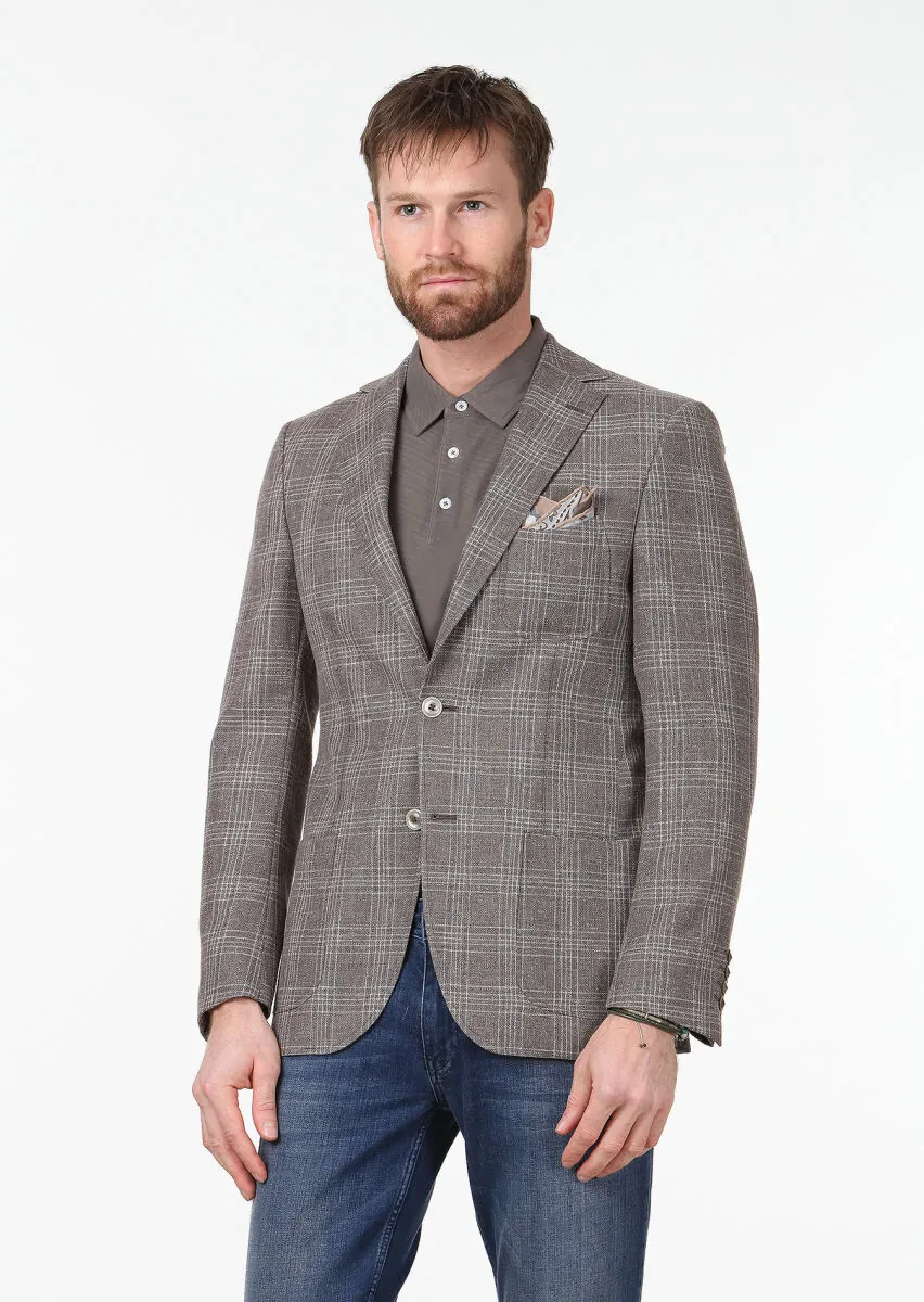 Açık Kahve Kareli Modern Fit Yün Karışımlı Ceket - 1