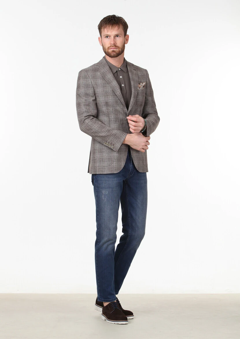 Açık Kahve Kareli Modern Fit Yün Karışımlı Ceket - 2