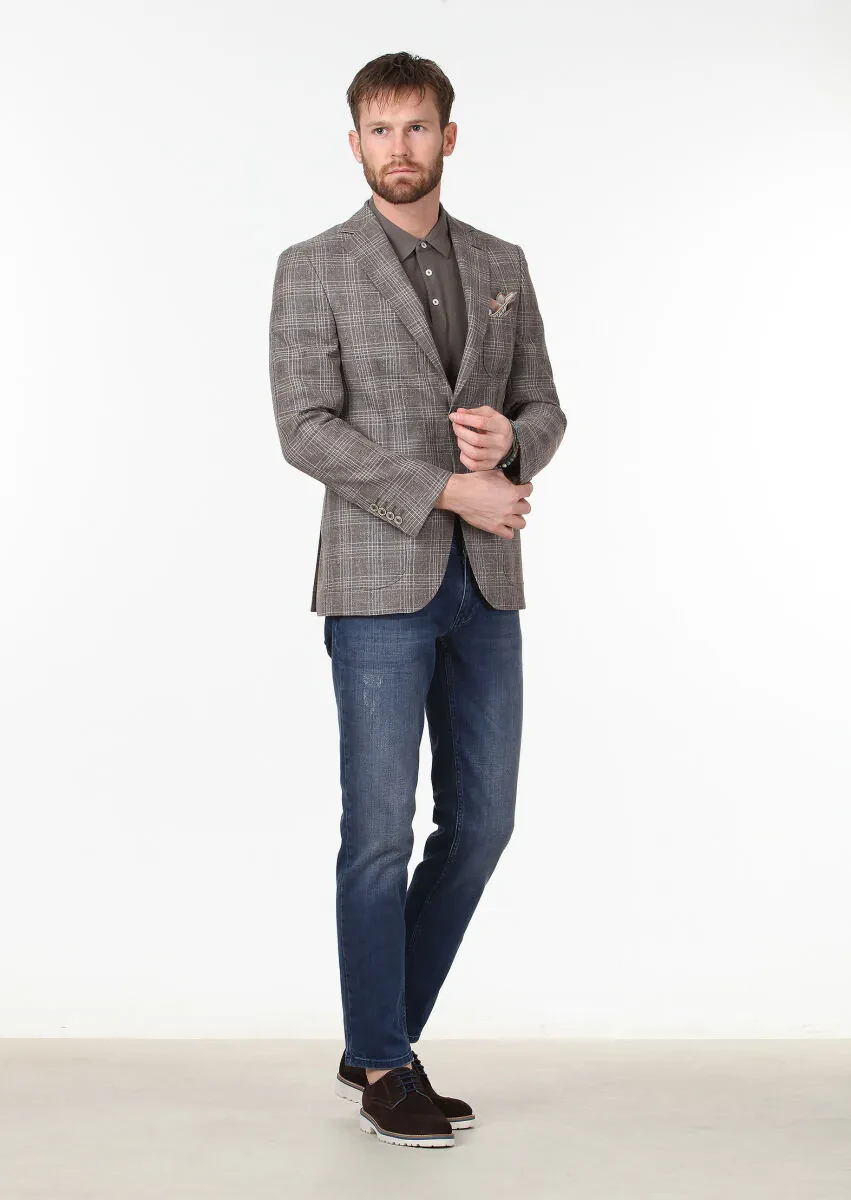 Açık Kahve Kareli Modern Fit Yün Karışımlı Ceket - 2