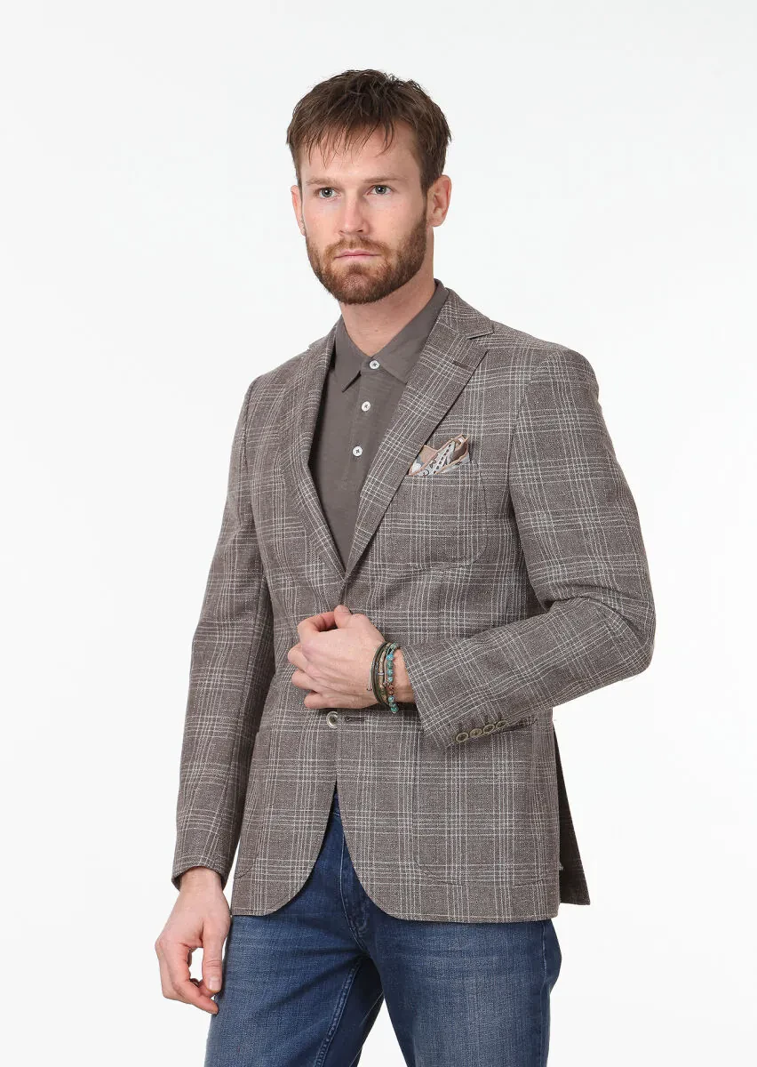 Açık Kahve Kareli Modern Fit Yün Karışımlı Ceket - 3