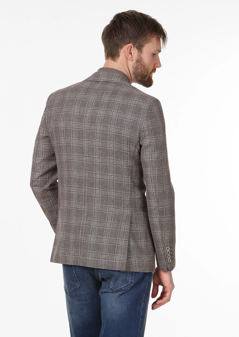 Açık Kahve Kareli Modern Fit Yün Karışımlı Ceket - 4