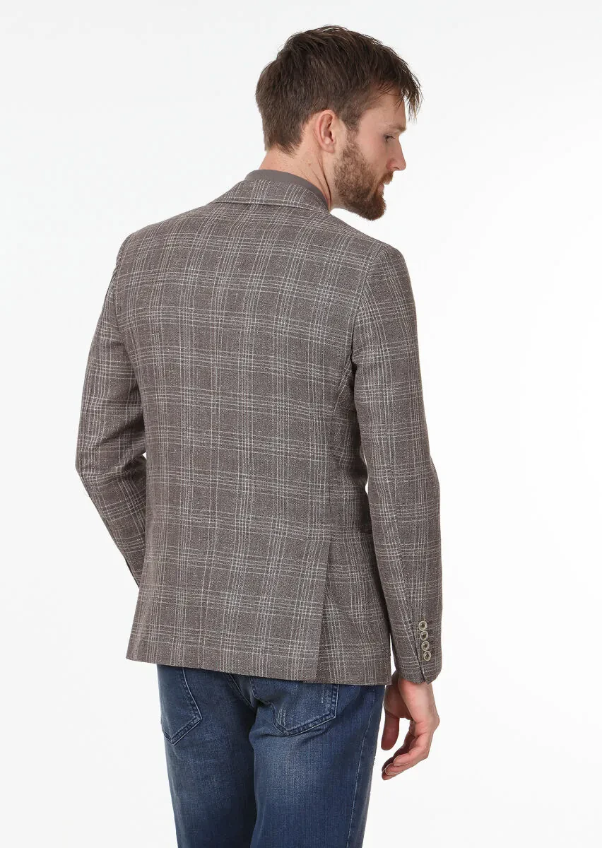 Açık Kahve Kareli Modern Fit Yün Karışımlı Ceket - 4