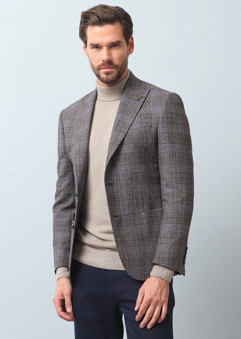 Açık Kahve Kareli Zeroweight Slim Fit Yün Karışımlı Ceket - 1