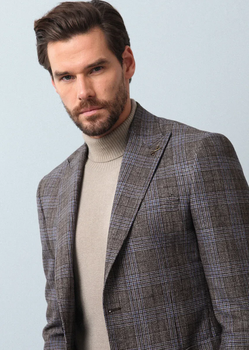 Açık Kahve Kareli Zeroweight Slim Fit Yün Karışımlı Ceket - 2