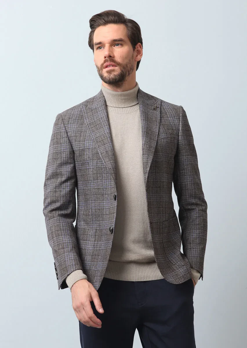 Açık Kahve Kareli Zeroweight Slim Fit Yün Karışımlı Ceket - 3