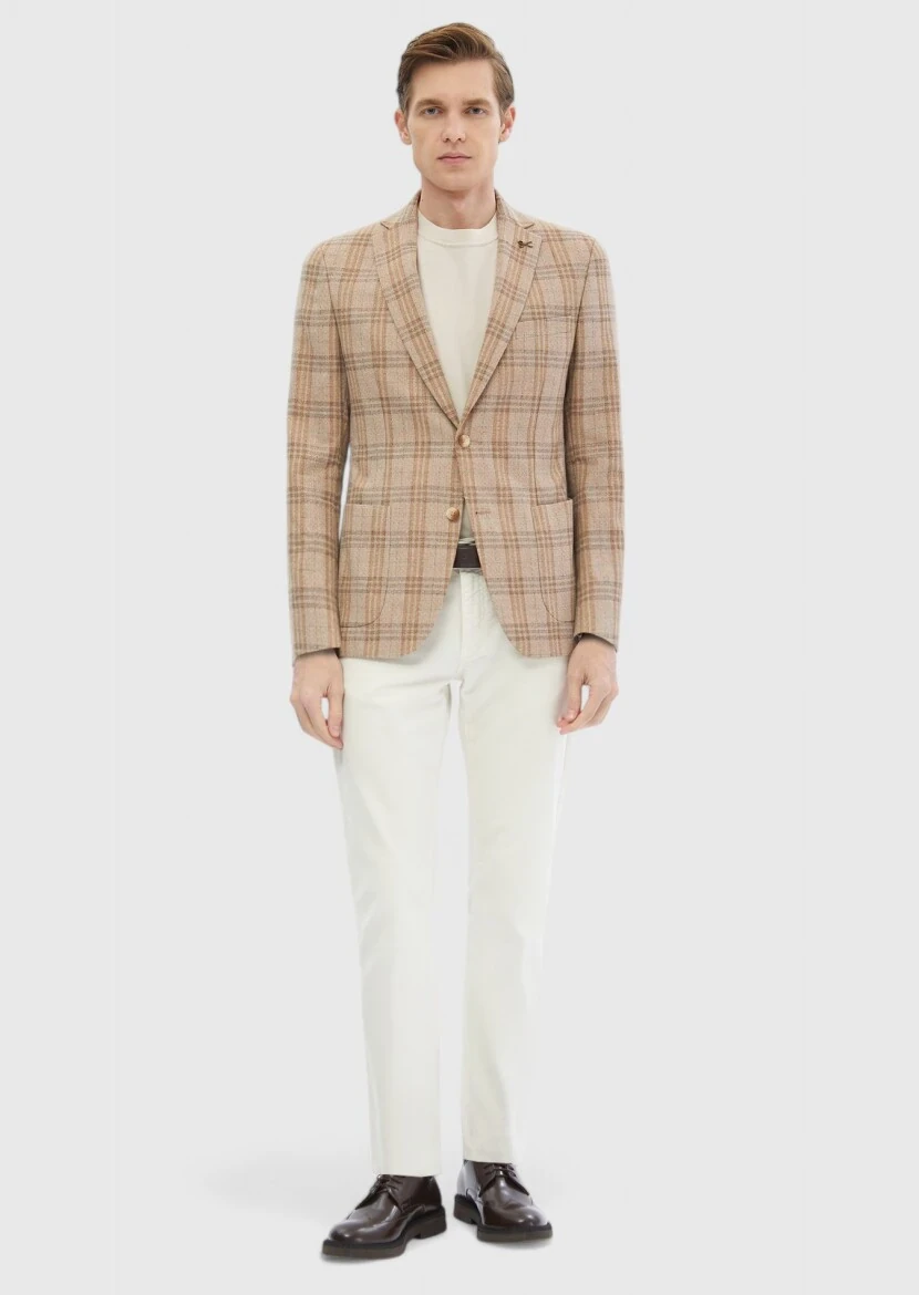Açık Kahve Kareli Zeroweight Slim Fit Yün Karışımlı Ceket - 2