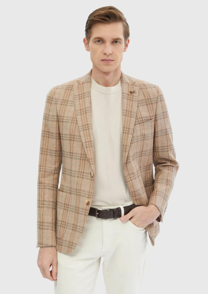 Açık Kahve Kareli Zeroweight Slim Fit Yün Karışımlı Ceket - 3