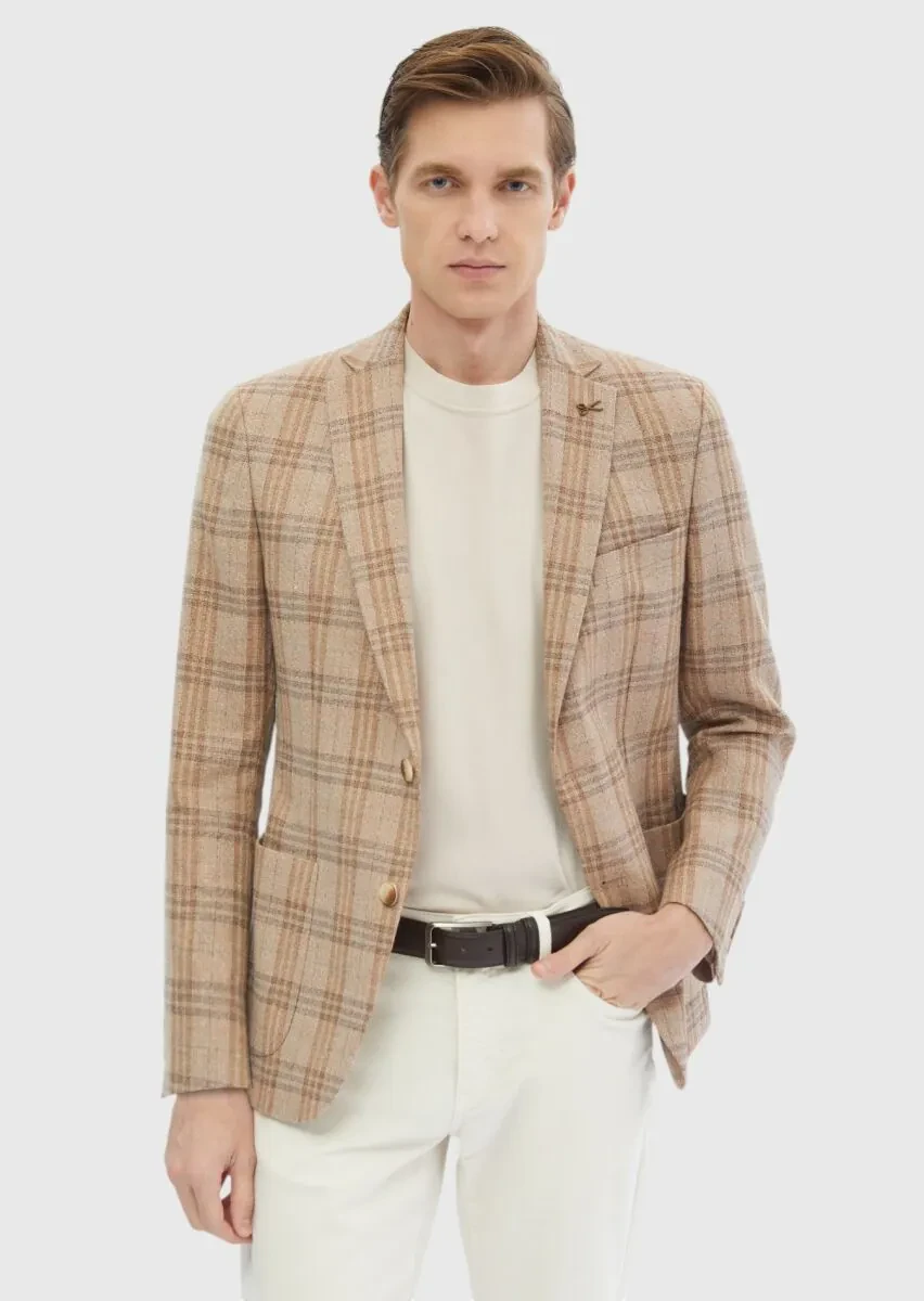 Açık Kahve Kareli Zeroweight Slim Fit Yün Karışımlı Ceket - 3