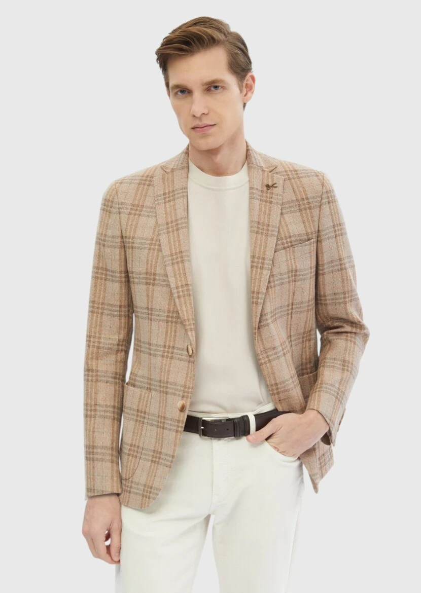 Açık Kahve Kareli Zeroweight Slim Fit Yün Karışımlı Ceket - 4