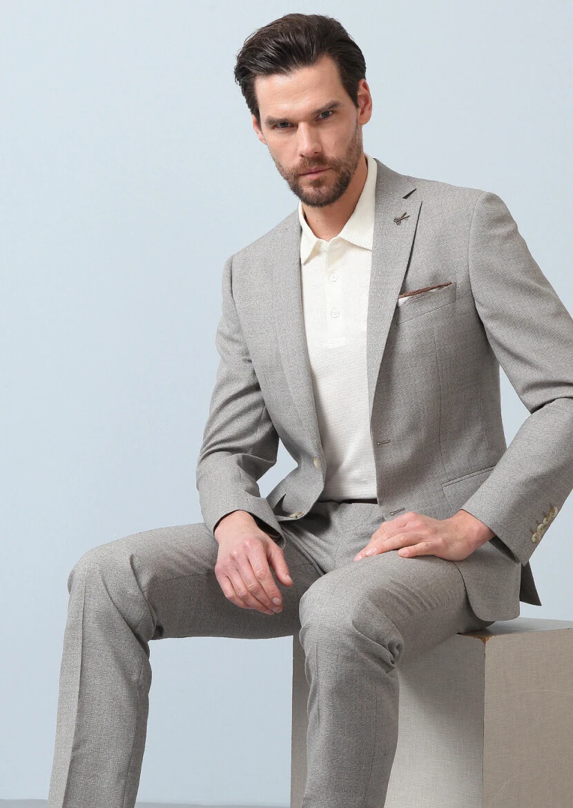 Açık Kahve Mikro Zeroweight Slim Fit %100 Yün Takım Elbise - 1