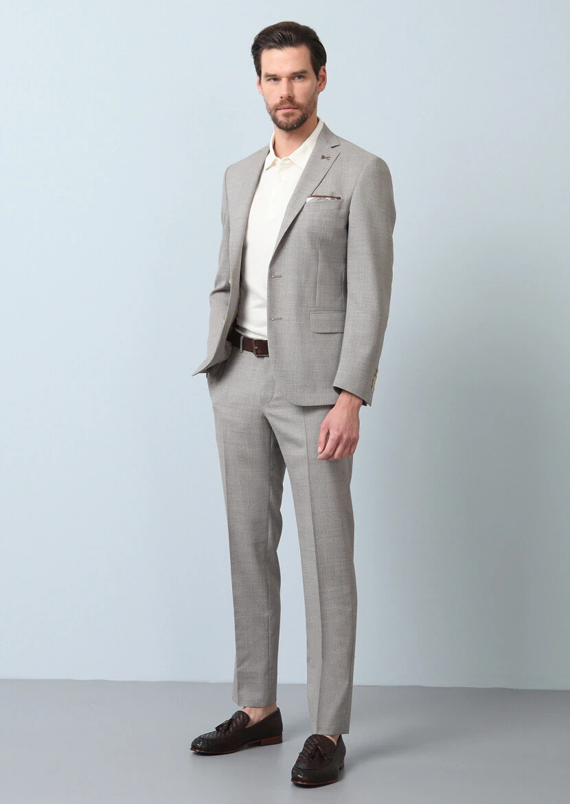 Açık Kahve Mikro Zeroweight Slim Fit %100 Yün Takım Elbise - 4