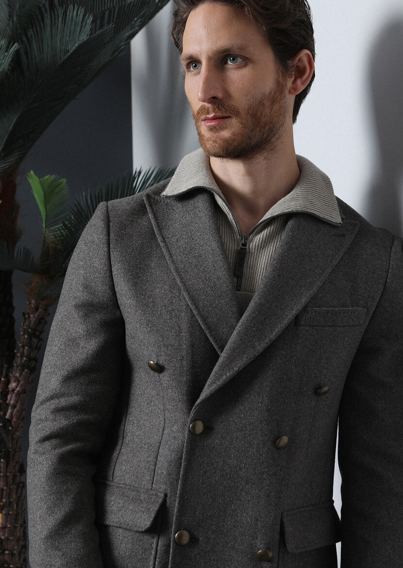 Açık Kahve Regular Fit Kruvaze Yaka Casual Dokuma Palto - 1