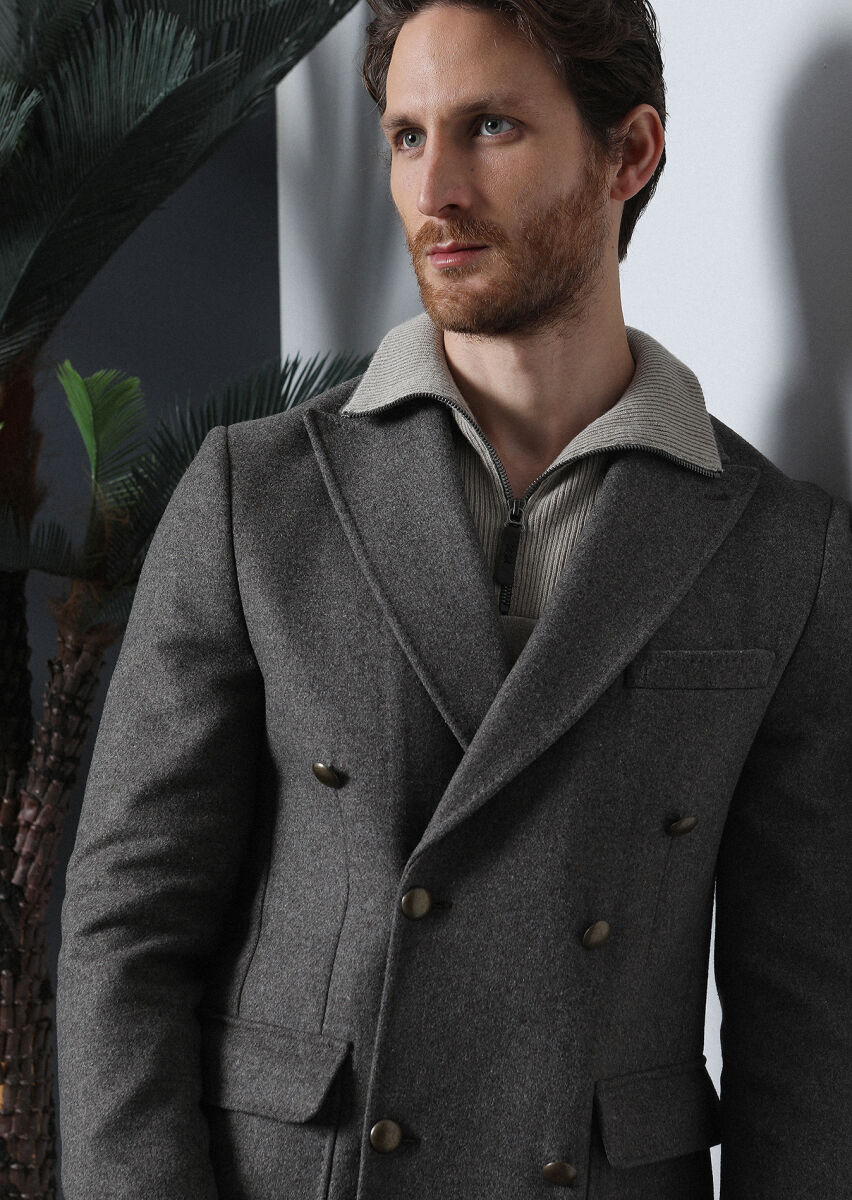 Açık Kahve Regular Fit Kruvaze Yaka Casual Dokuma Palto - 1