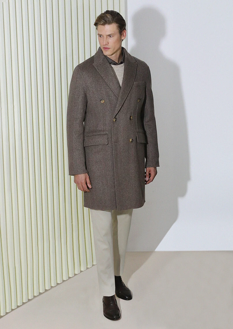 Açık Kahve Regular Fit Kruvaze Yaka Klasik Dokuma Palto - 1