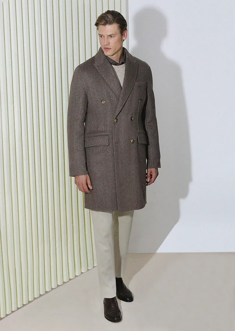 Açık Kahve Regular Fit Kruvaze Yaka Klasik Dokuma Palto - 1