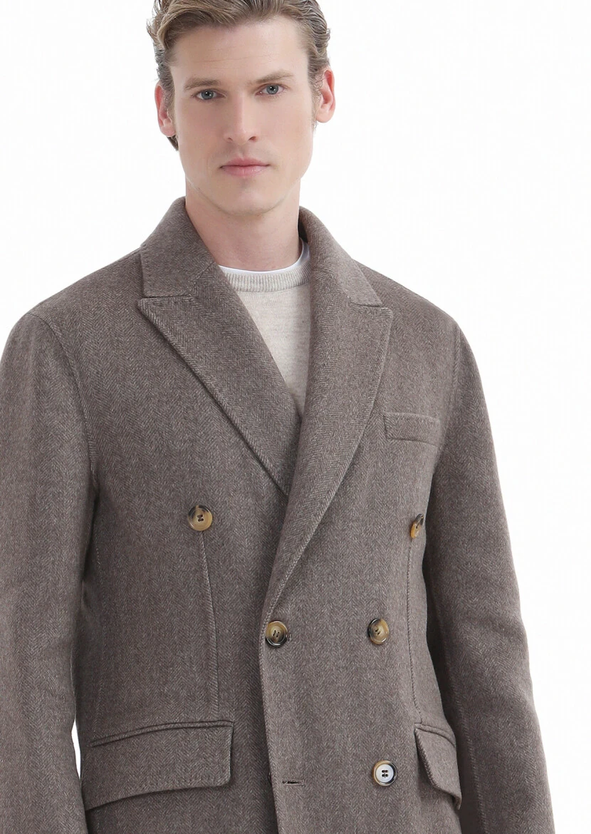 Açık Kahve Regular Fit Kruvaze Yaka Klasik Dokuma Palto - 2