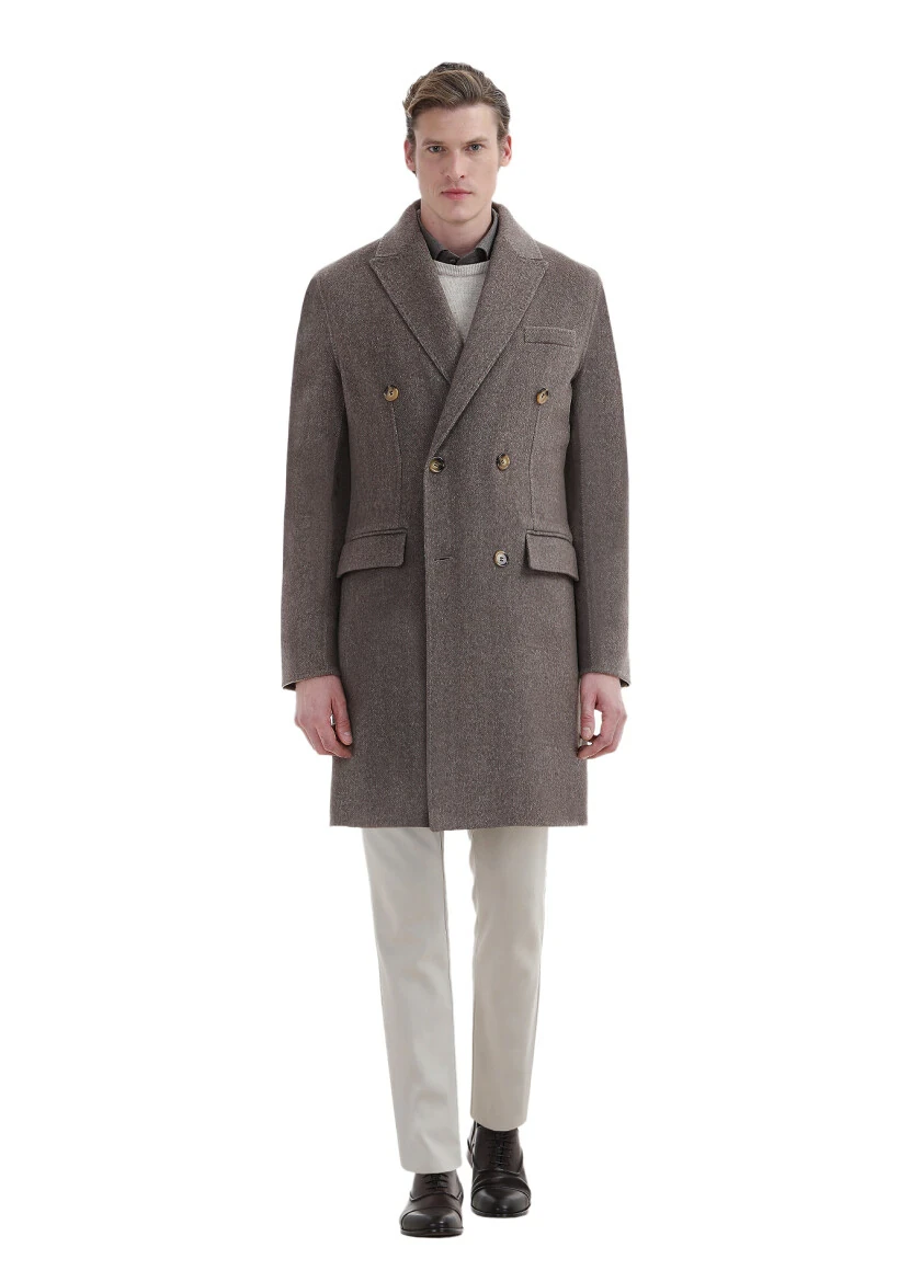 Açık Kahve Regular Fit Kruvaze Yaka Klasik Dokuma Palto - 3