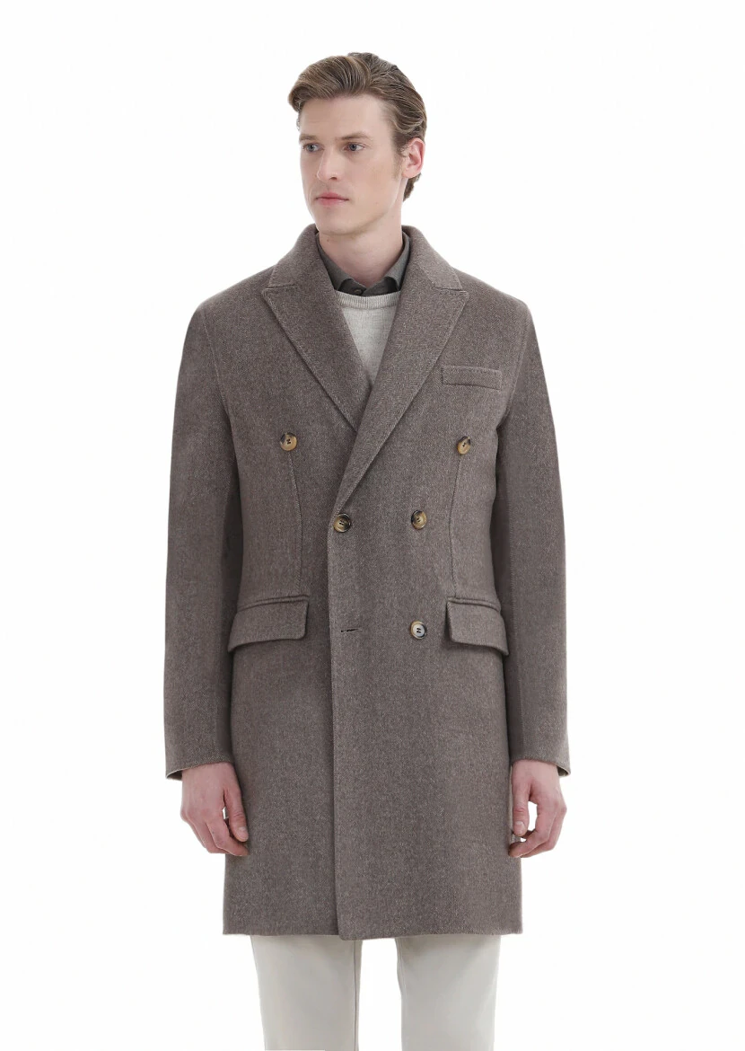 Açık Kahve Regular Fit Kruvaze Yaka Klasik Dokuma Palto - 4