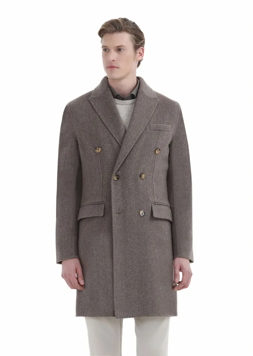 Açık Kahve Regular Fit Kruvaze Yaka Klasik Dokuma Palto - 4