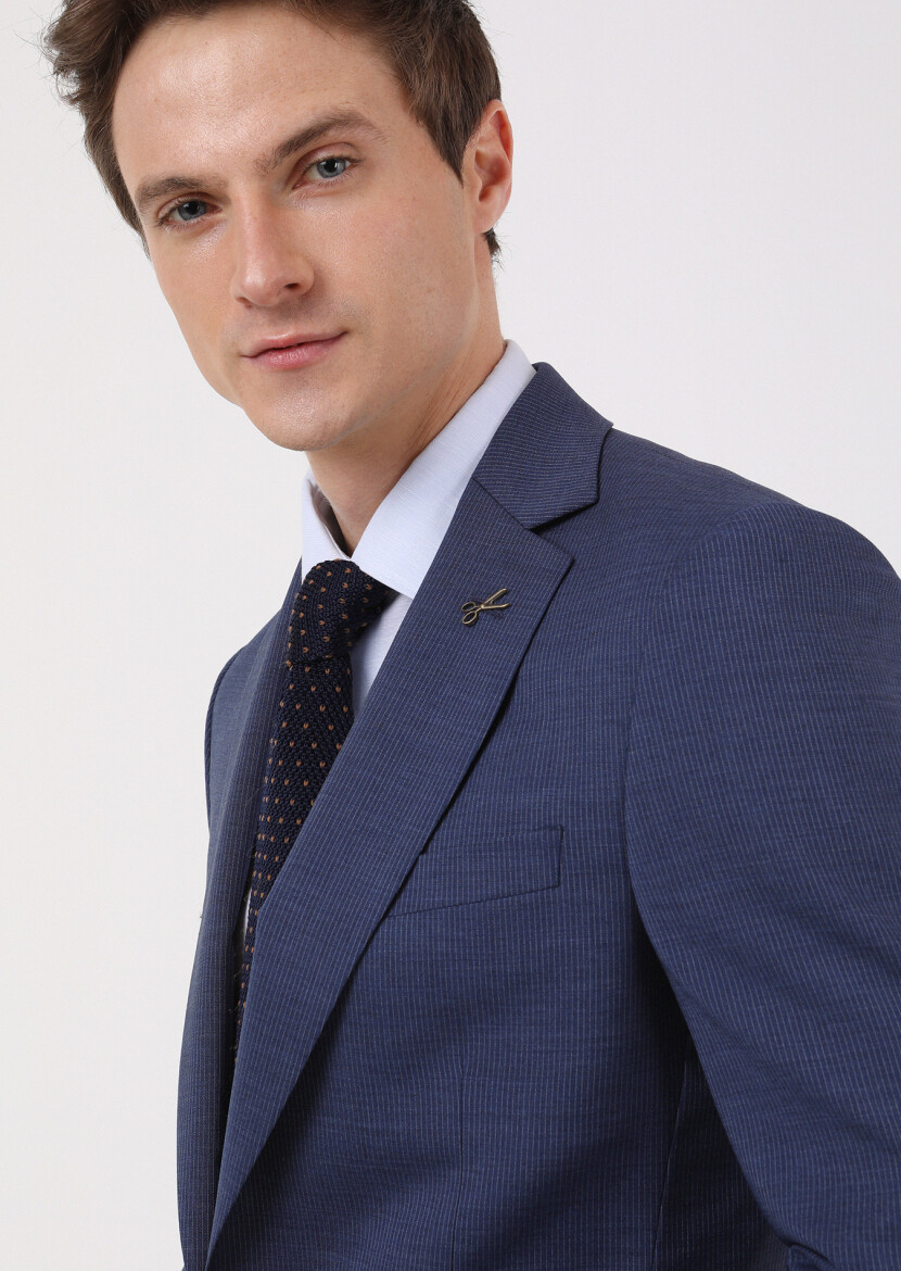 Açık Lacivert Çizgili Thin&taller Slim Fit %100 Yün Takım Elbise - 2