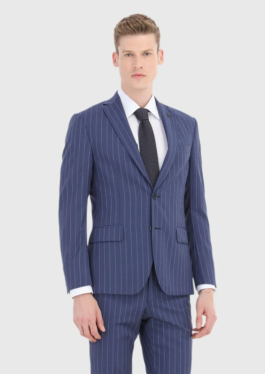 Açık Lacivert Çizgili Zeroweight Slim Fit %100 Yün Takım Elbise - 2