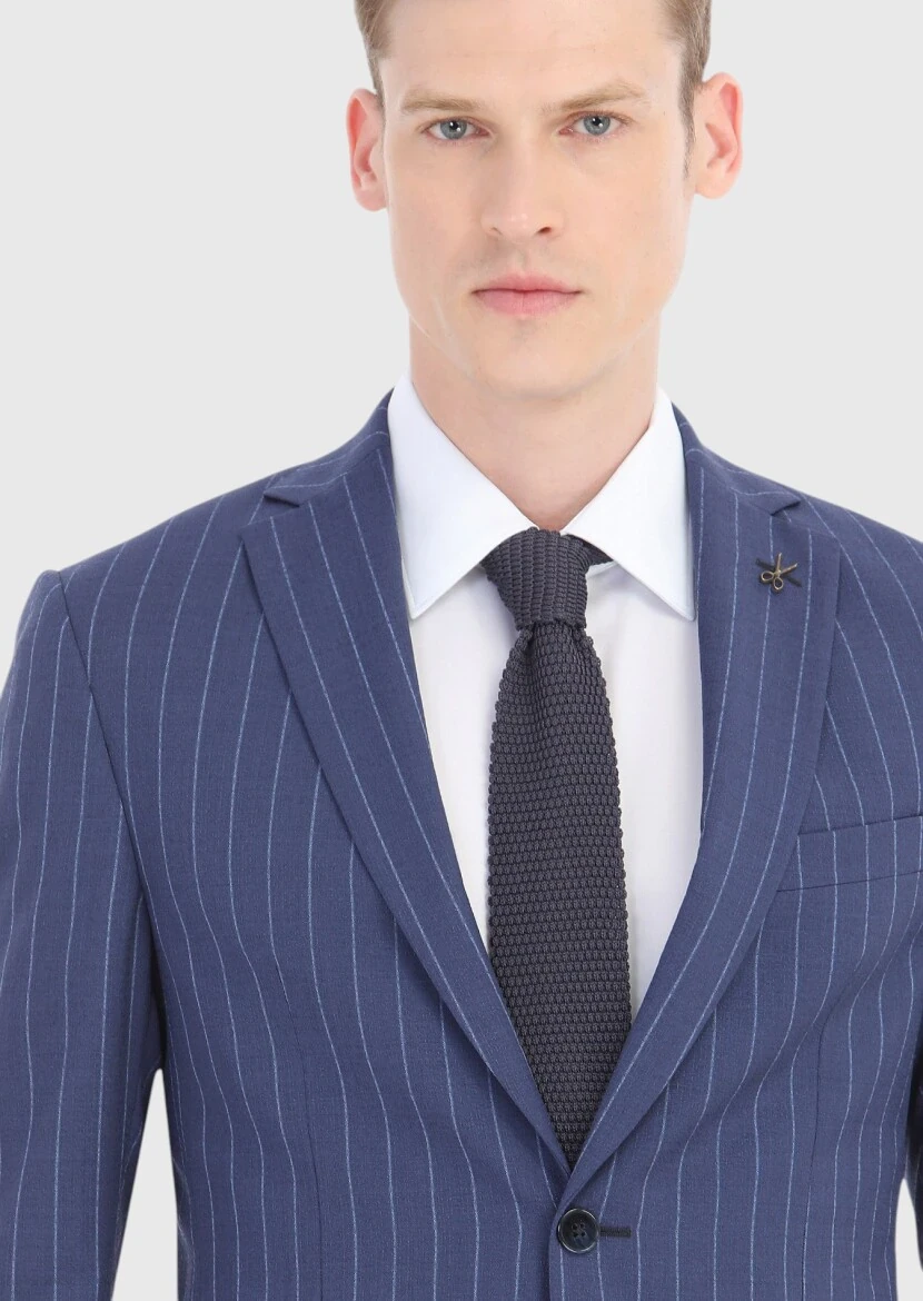 Açık Lacivert Çizgili Zeroweight Slim Fit %100 Yün Takım Elbise - 3