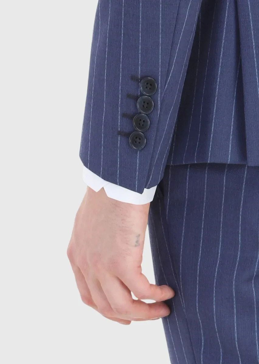 Açık Lacivert Çizgili Zeroweight Slim Fit %100 Yün Takım Elbise - 4