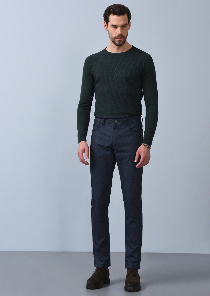Açık Lacivert Düz Dokuma Slim Fit Casual Pamuk Karışımlı Pantolon - 1