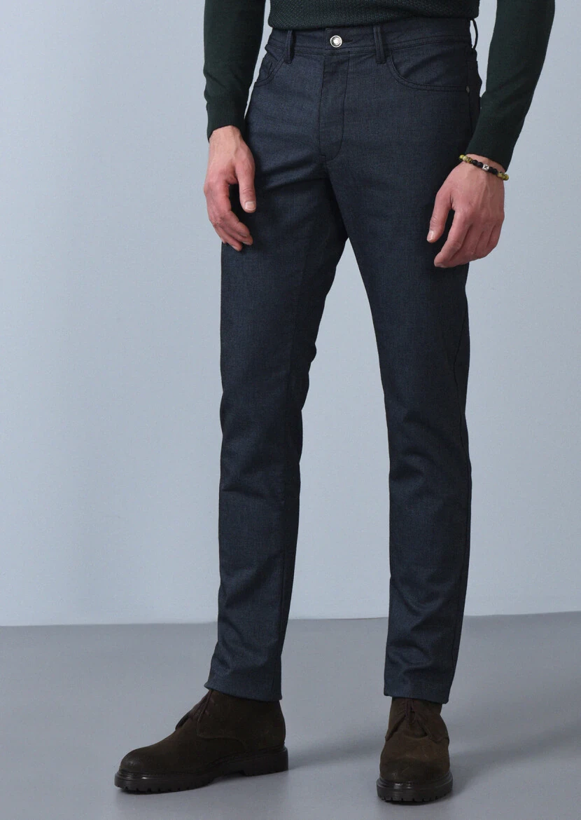 Açık Lacivert Düz Dokuma Slim Fit Casual Pamuk Karışımlı Pantolon - 3