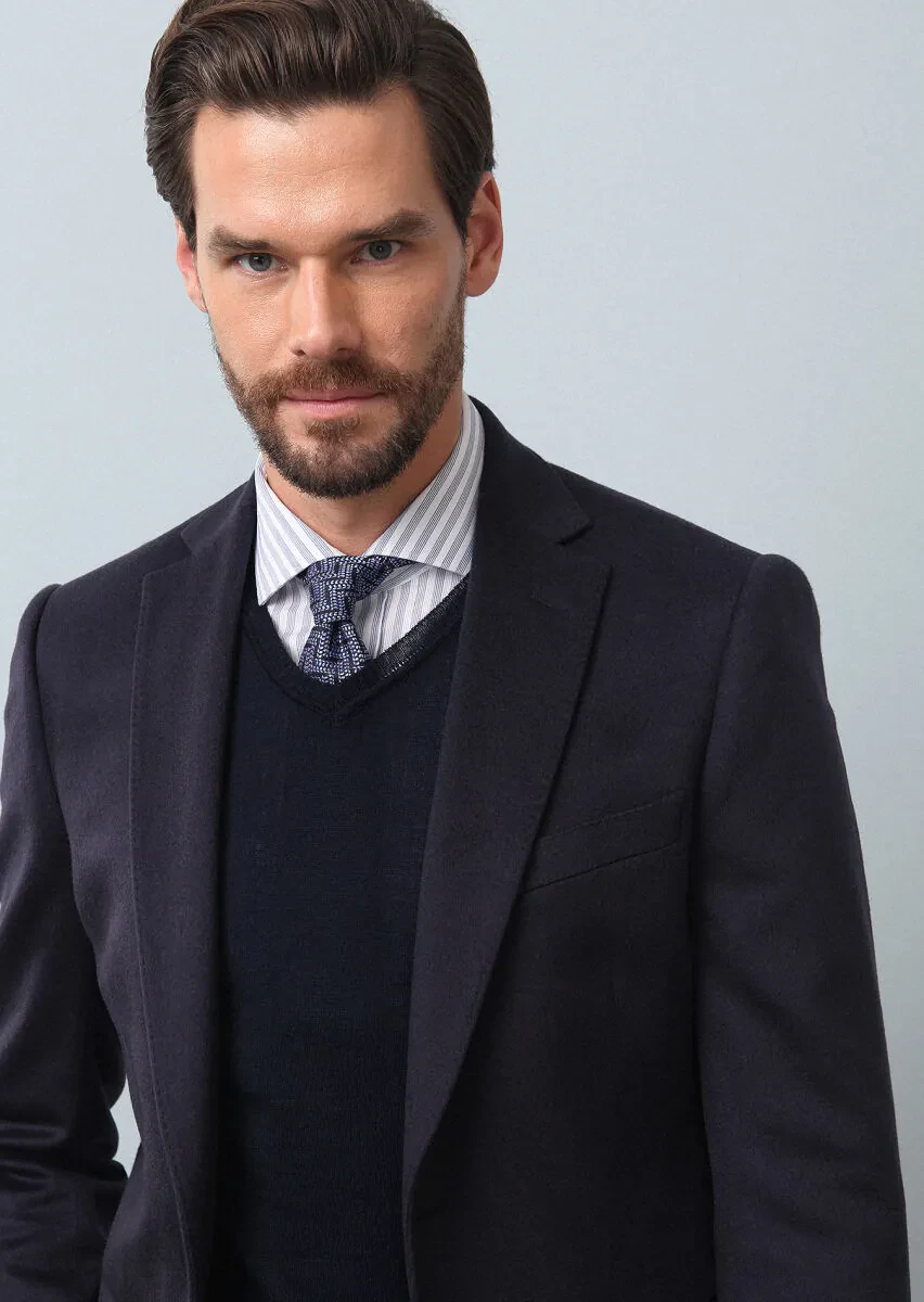 Açık Lacivert Düz Regular Fit %100 Kaşmir Ceket - 1