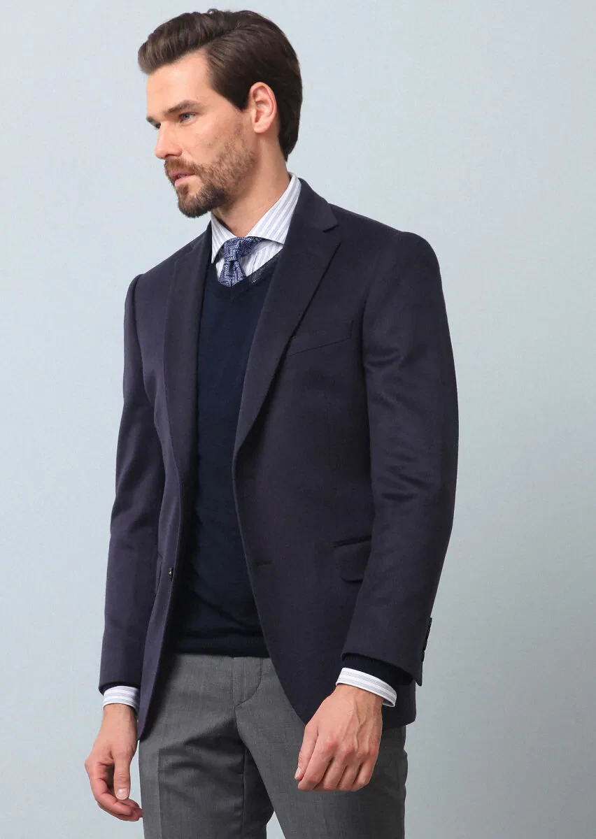 Açık Lacivert Düz Regular Fit %100 Kaşmir Ceket - 2