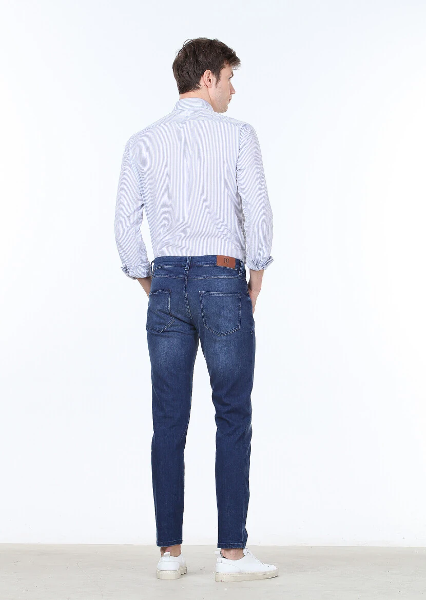 Açık Lacivert Düz Slim Fit Denim Pamuk Karışımlı Pantolon - 4