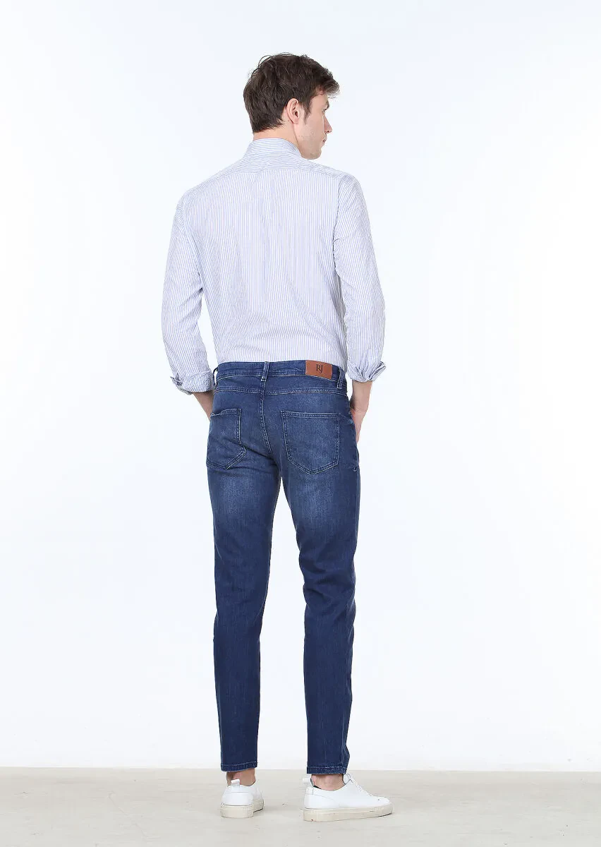 Açık Lacivert Düz Slim Fit Denim Pamuk Karışımlı Pantolon - 4