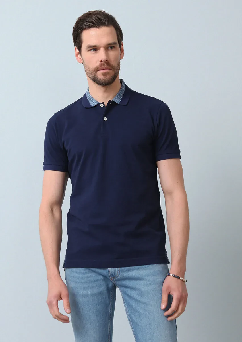 Açık Lacivert Jakarlı Polo Yaka %100 Pamuk T-Shirt - 1