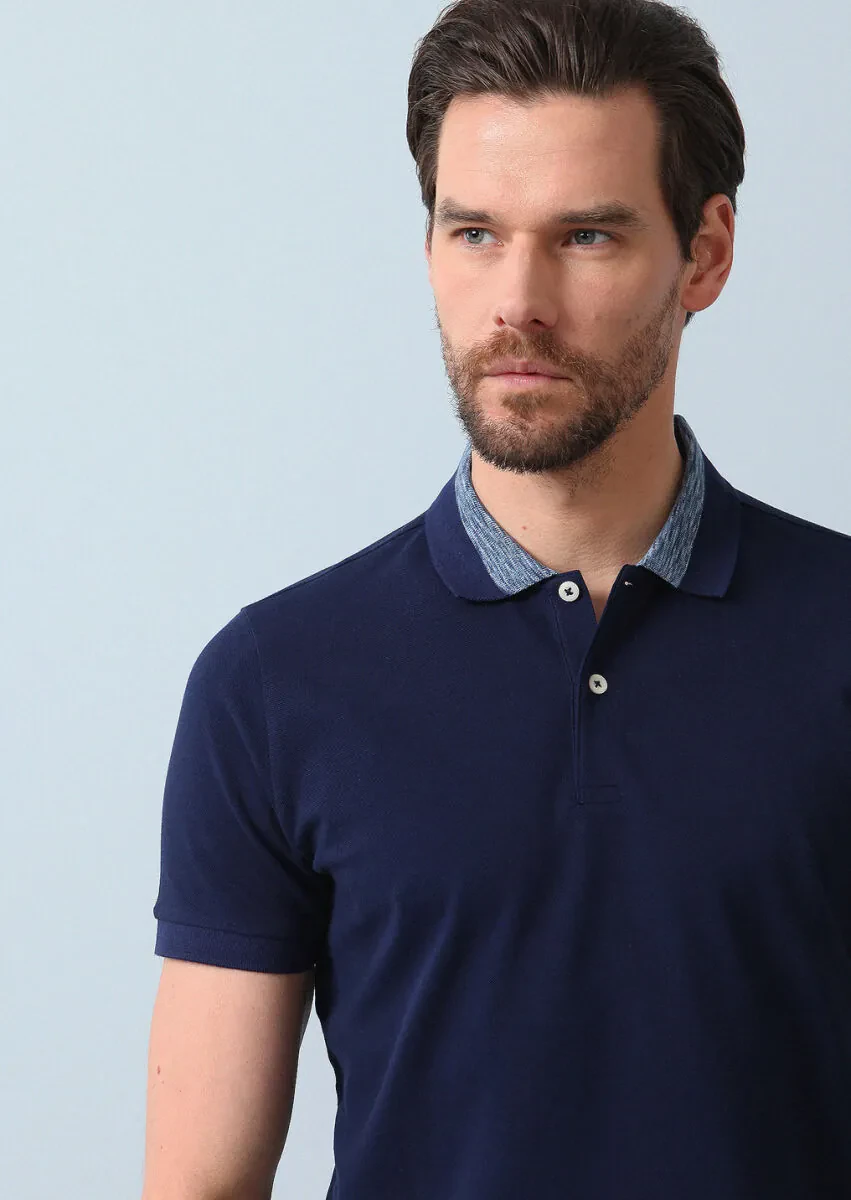 Açık Lacivert Jakarlı Polo Yaka %100 Pamuk T-Shirt - 3
