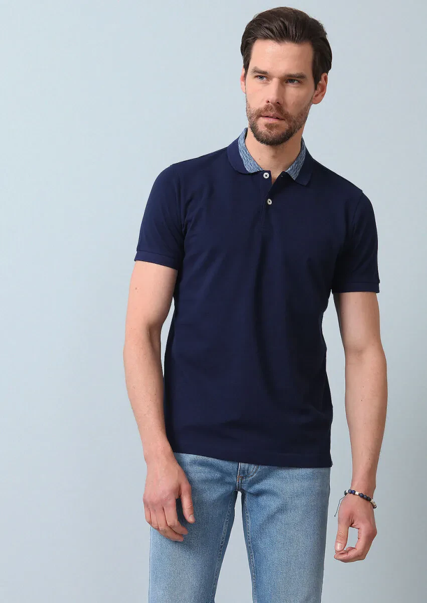 Açık Lacivert Jakarlı Polo Yaka %100 Pamuk T-Shirt - 4