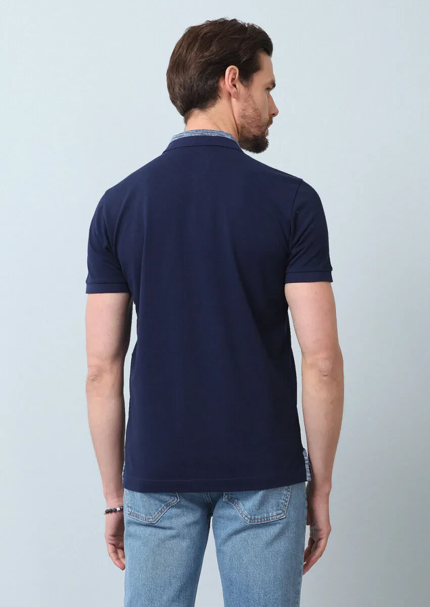 Açık Lacivert Jakarlı Polo Yaka %100 Pamuk T-Shirt - 7