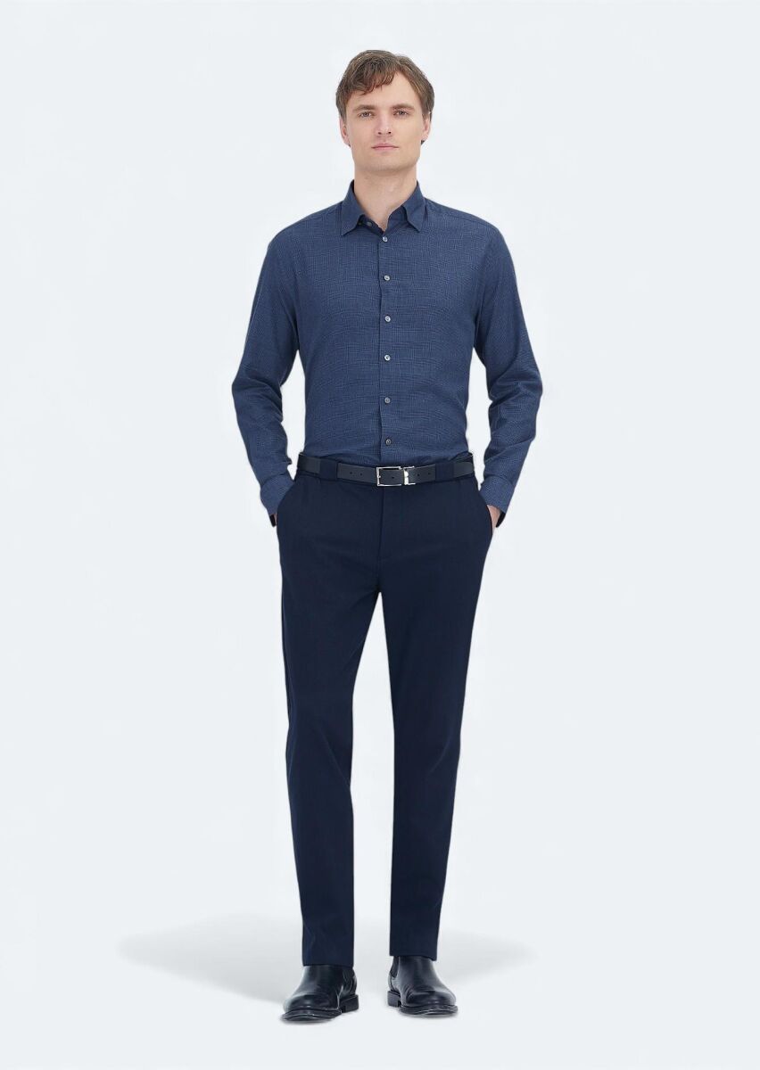 Açık Lacivert Kareli Casual Fit Dokuma Casual %100 Pamuk Gömlek - 2