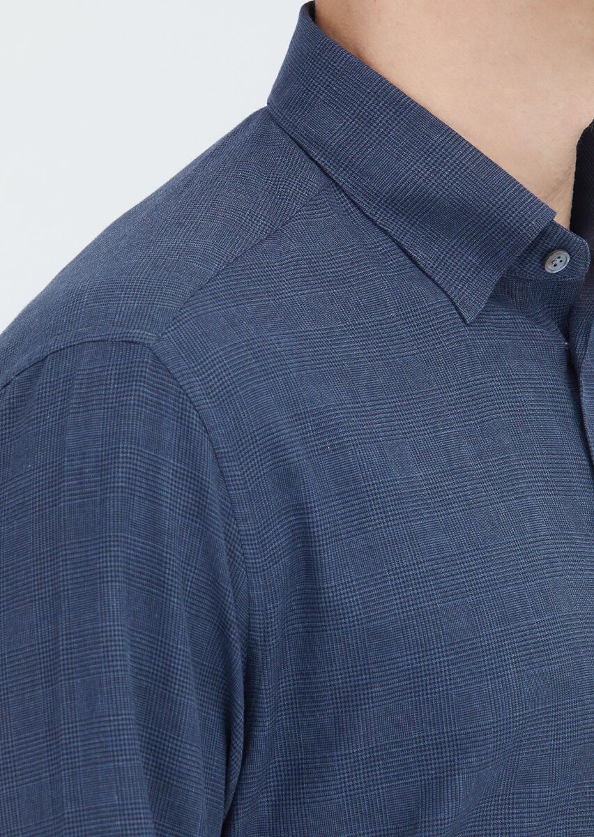 Açık Lacivert Kareli Casual Fit Dokuma Casual %100 Pamuk Gömlek - 4