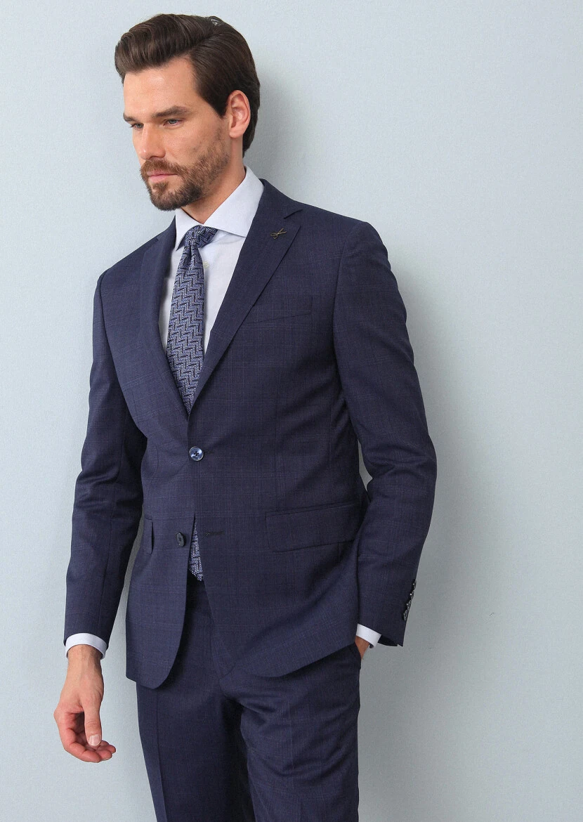 Açık Lacivert Kareli Modern Fit %100 Yün Takım Elbise - 1