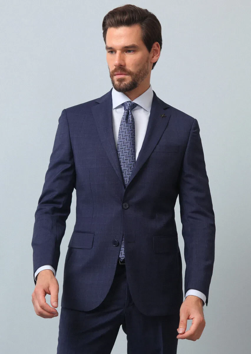 Açık Lacivert Kareli Modern Fit %100 Yün Takım Elbise - 3