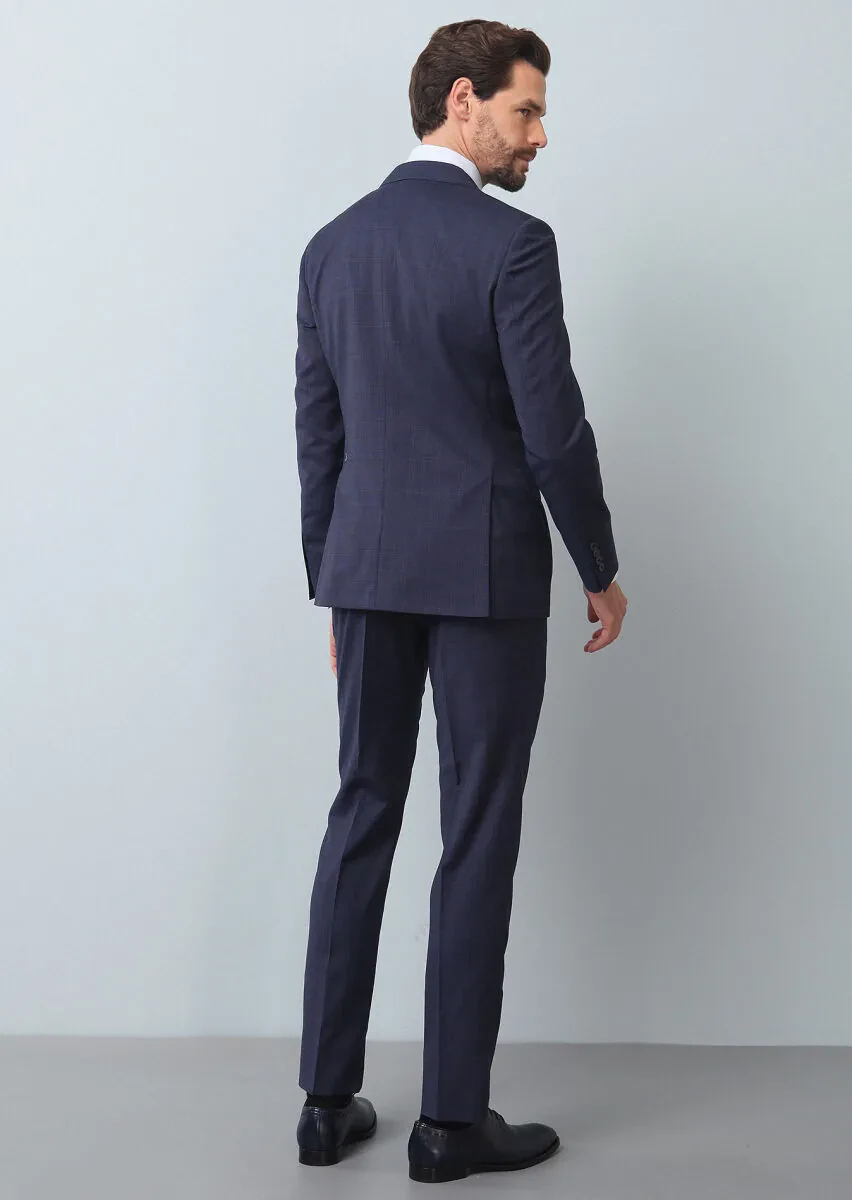 Açık Lacivert Kareli Modern Fit %100 Yün Takım Elbise - 5