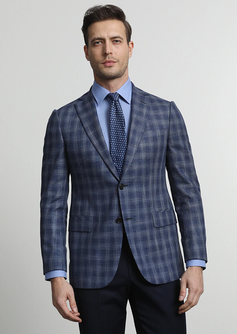 Açık Lacivert Kareli Regular Fit Yün Karışımlı Ceket - 1