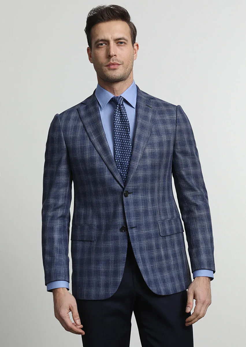 Açık Lacivert Kareli Regular Fit Yün Karışımlı Ceket - 1