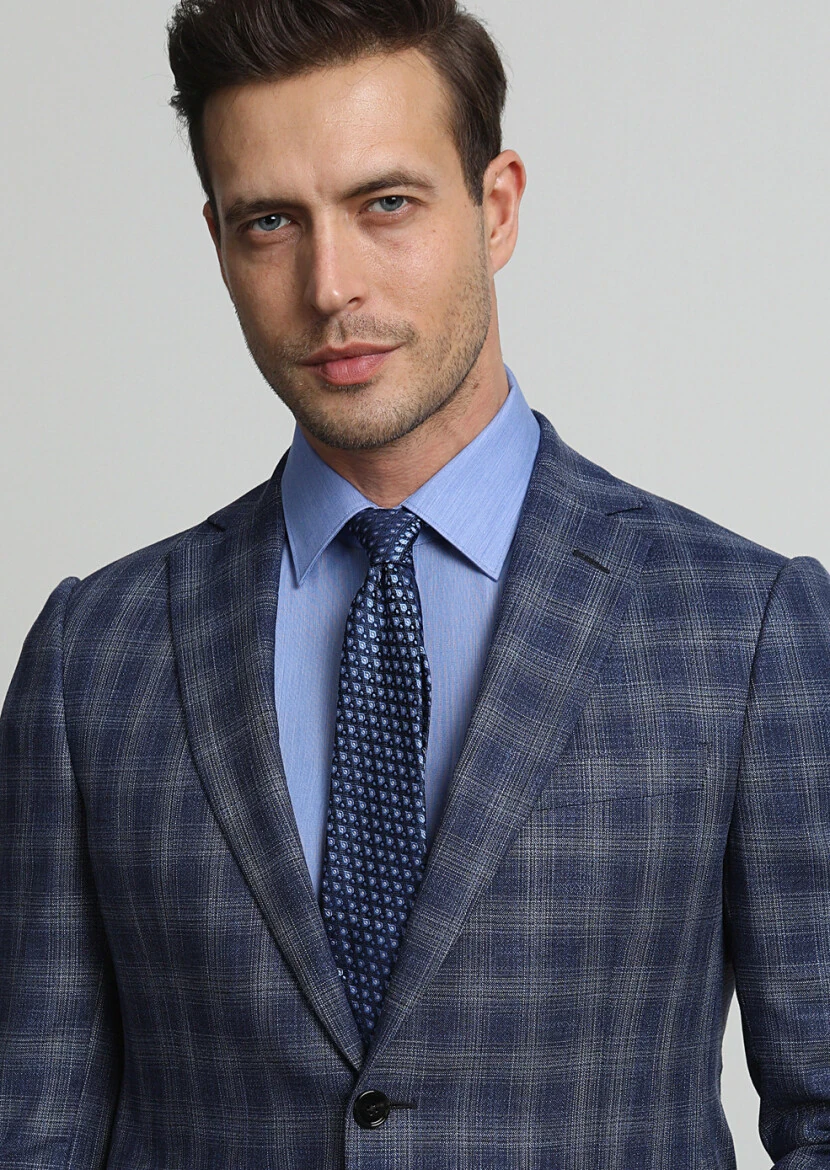 Açık Lacivert Kareli Regular Fit Yün Karışımlı Ceket - 2