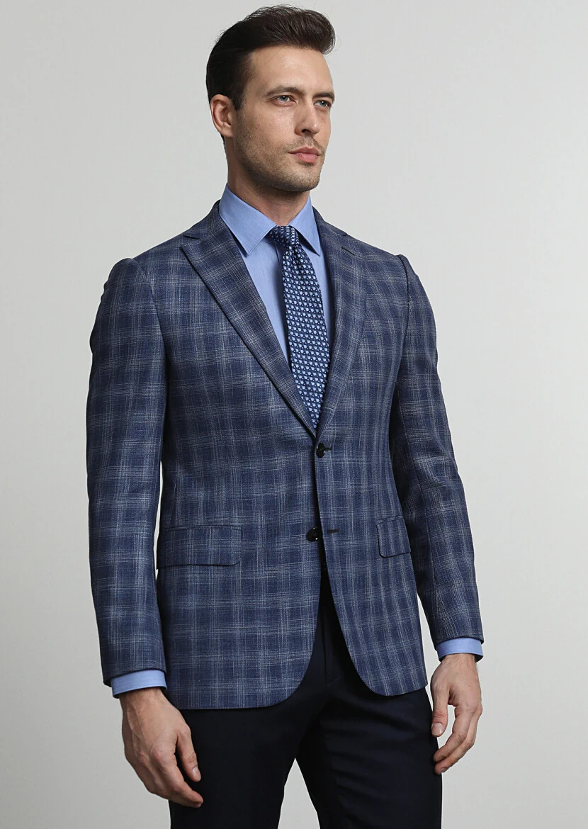 Açık Lacivert Kareli Regular Fit Yün Karışımlı Ceket - 3