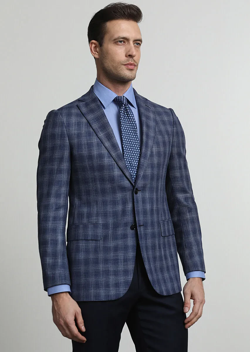 Açık Lacivert Kareli Regular Fit Yün Karışımlı Ceket - 3