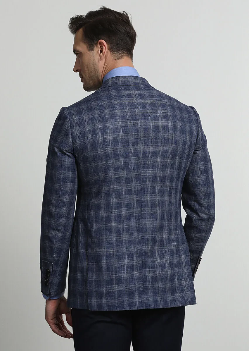 Açık Lacivert Kareli Regular Fit Yün Karışımlı Ceket - 4