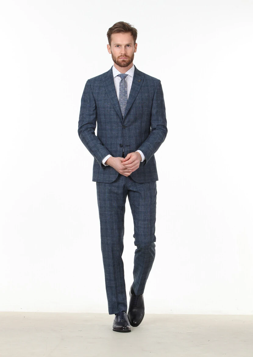 Açık Lacivert Kareli Zeroweight Slim Fit Yün Karışımlı Takım Elbise - 3